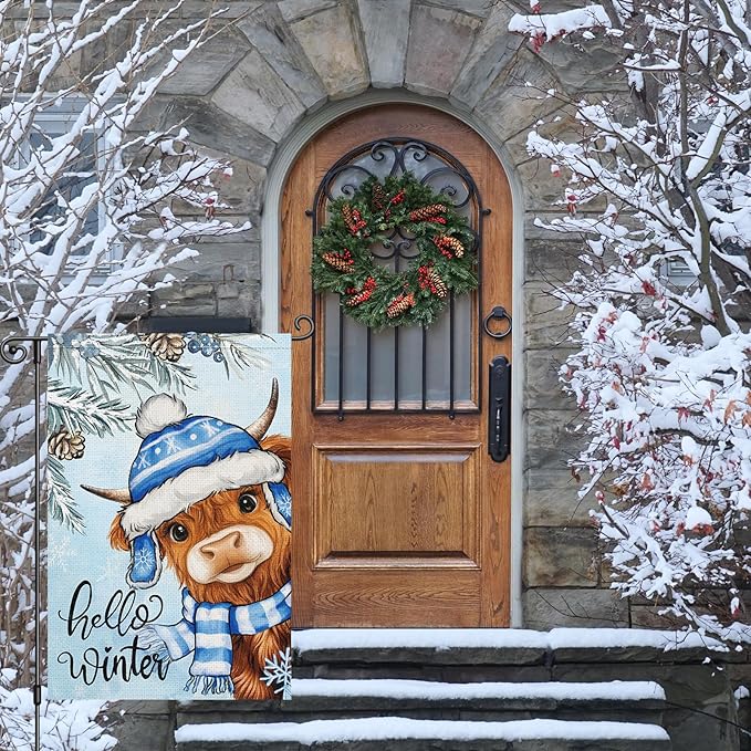 Louise Maelys Hello Winter Garden Flag Highland Cow Snowy 12x18 Inch Double Sided Welcome Christmas Xmas Tree Holiday Seasonal Small Burlap Yard Sign Outdoor House Decor