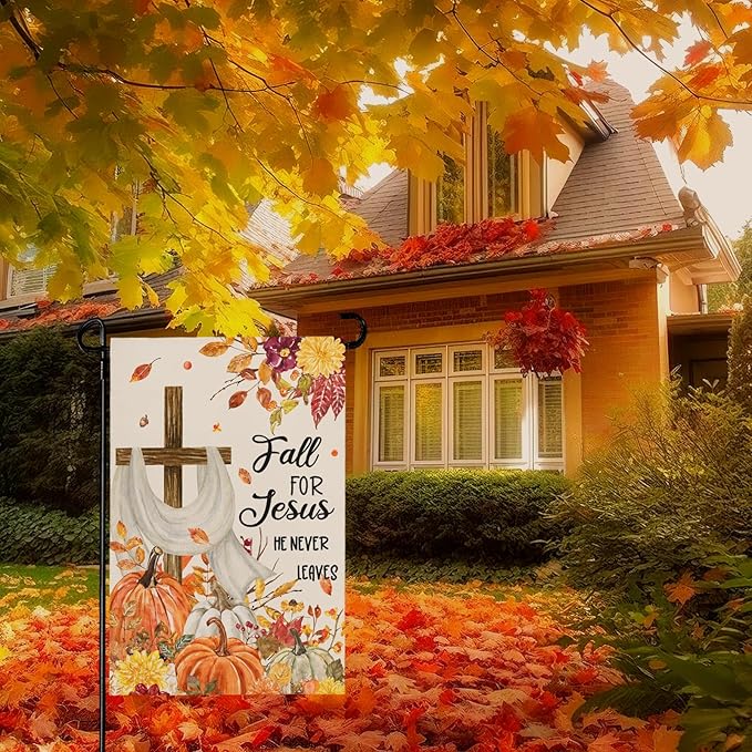 Fall for Jesus Pumpkins Garden Flag 12x18 Double Sided Fall Autumn Religious Cross Small Yard Flags for Outside Seasonal Flags Farmhouse Yard Garden Outdoor Decor