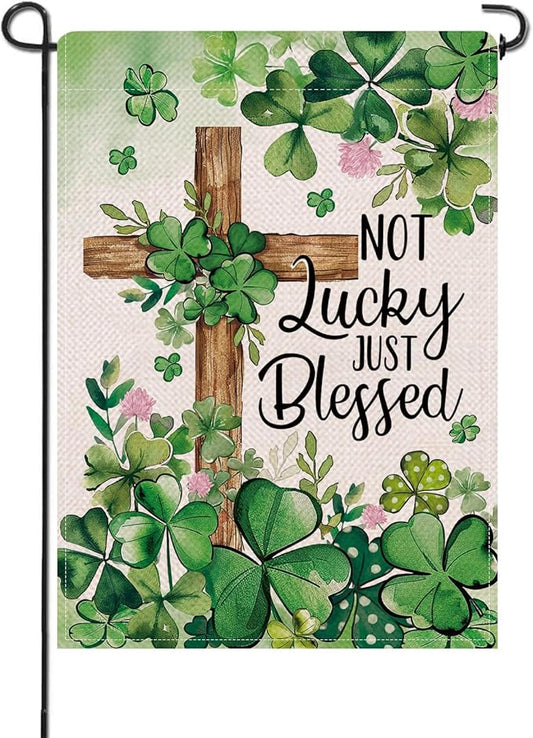 Artofy Christian St Patricks Day Small Decorative Garden Flag, Religious Cross Shamrock Clover Not Lucky Just Blessed Yard Outside Decor, Irish Spring Outdoor Home Decoration Double Sided 12 x 18
