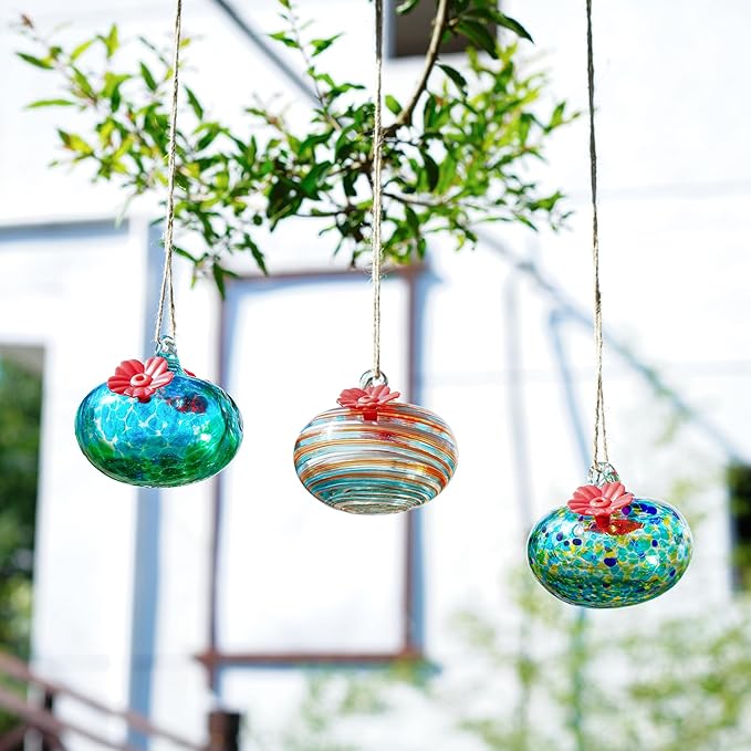 3PCS Small Glass Hummingbird Feeders for Outdoors 3inch Hand Blown Glass Humming Bird Feeder for Window Hanging Ant and Bee Proof Humming Birds Feeders