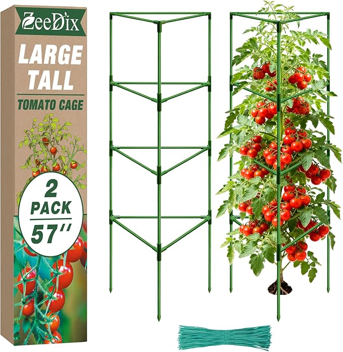 [Upgraded] ZeeDix 57 Inch Tall Tomato Cages for Garden, 2 Pack Large Plant Trellis Support Stakes for Climbing Plants, Heavy Duty Adjustable Tomatoes Cage for Pots, Raised Garden Bed Outdoor Supplies