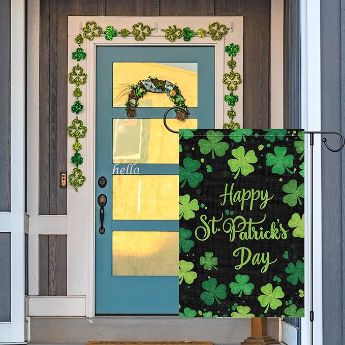 Louise Maelys Happy St Patrick's Day Garden Flag Clover Shamrock Welcome 12x18 Inch Double Sided Small Burlap Spring Holiday Yard Outdoor Outside House Decor