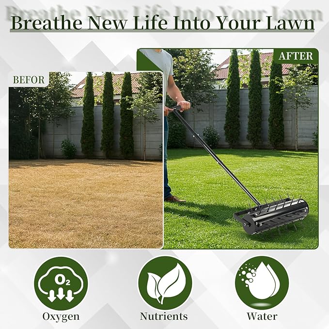 VINGLI Rolling Lawn Aerator with T-Shaped Handle, 17 inch Manual Aerator Tool, Lawn Aerator Spike Tool with 36 Spikes for Garden Yard Soil Health Maintaining, Black