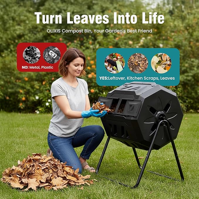 OLIXIS Compost Bin Outdoor 43 Gallon, Dual Chamber Composter Tumbler Outdoor with Gloves, Efficient 360°Rotating Composting Bin for Patio, Lawn, Home Gardening and Landscape, Pure Black