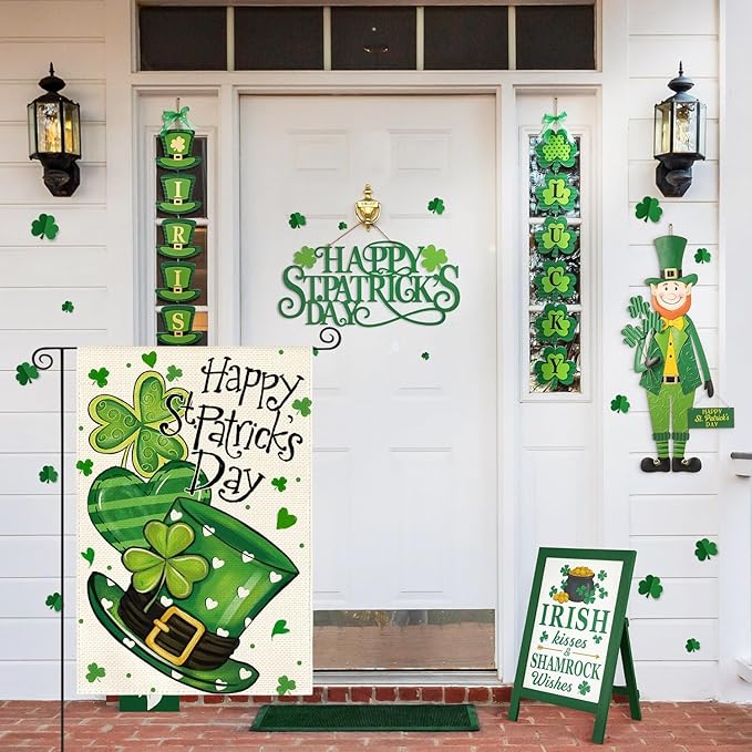 AVOIN colorlife Happy St Patricks Day Garden Flag 12x18 Inch Double Sided Outside, Shamrock Lucky Clover Hat Yard Outdoor Flag