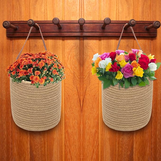 YOUEON Set of 2 Jute Hanging Basket 7.8" x 6.7", Small Wall Hanging Planter Baskets, Natural Jute Woven Storage Basket for Flower Plants Towels Sunglasses Wallet Keys, Boho Decor