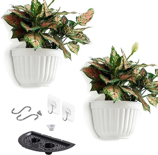 2 Pack White Plastic Wall Hanging Planters for Indoor Plants Wall Hanging Plant Holder with Drainage Hole Balcony Planters Railing Hanging Pot Fence Vertical Living Wall Mount Decor with Hooks