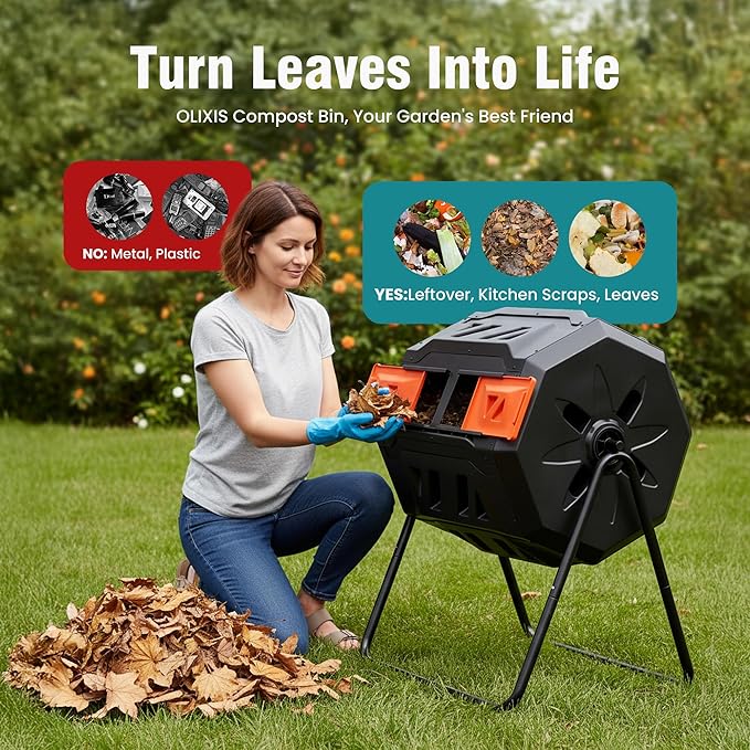 OLIXIS Compost Bin Outdoor 43 Gallon, Dual Chamber Composter Tumbler Outdoor with Gloves, Efficient 360°Rotating Composting Bin for Patio, Lawn, Home Gardening and Landscape, Black and Orange