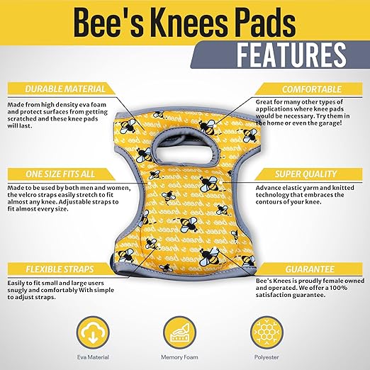 Bee's Knees Cleaning Knee Pads! Great Gift with Soft Foam and NEW LONGER Adjustable Straps, Durable and Soft Knee Protection. Water-Resistant Cleaning Floors, Working in Garden, Yoga, Gardening