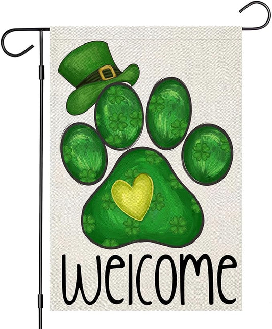 Welcome St Patricks Day Garden Flags for Outside, Irish Dog Paw with Green Hat Lucky Shamrocks Yard Decoration, Small Seasonal Outdoor Decor for Farmhouse Holiday,12x18 Inch Double Sided