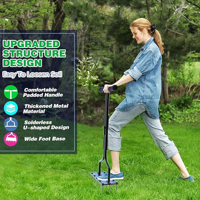 Lawn Aerator Spike Manual Tool with 15 Iron Spikes, Garden Grass Aeration Tools Hand Air Aerator & Clean Tool for Aerating Lawns & Yard Care, Loosening Soil, 36”