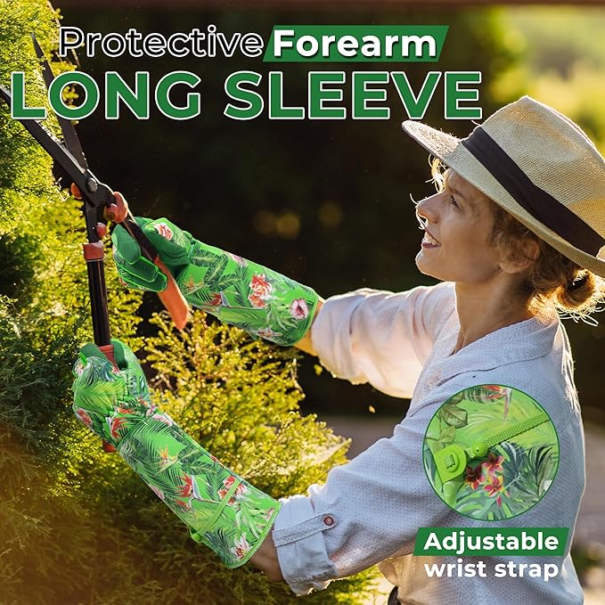 HANDLANDY Women Gardening Gloves, Scratch Resistant Breathable Ladies Rose Pruning Long Gauntlet Floral Print Garden Yard Gloves, Gift for Gardeners (Grass Green, S)