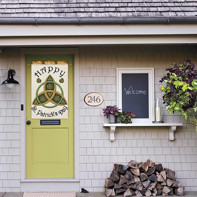 AVOIN colorlife Trinity Happy St Patricks Day House Flag 28x40 Inch Double Sided Outside, Shamrock Clover Welcome Yard Outdoor Decoration