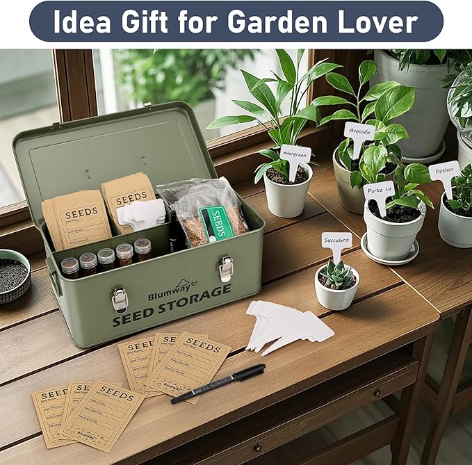 BlumWay Seed Storage Organizer, Metal Seed Saving Box with Lid, Seed Storage Container with Safety Locks, 4 Compartments Seed Packet Organizer, Garden Seed Bin for Plants Flower- Green