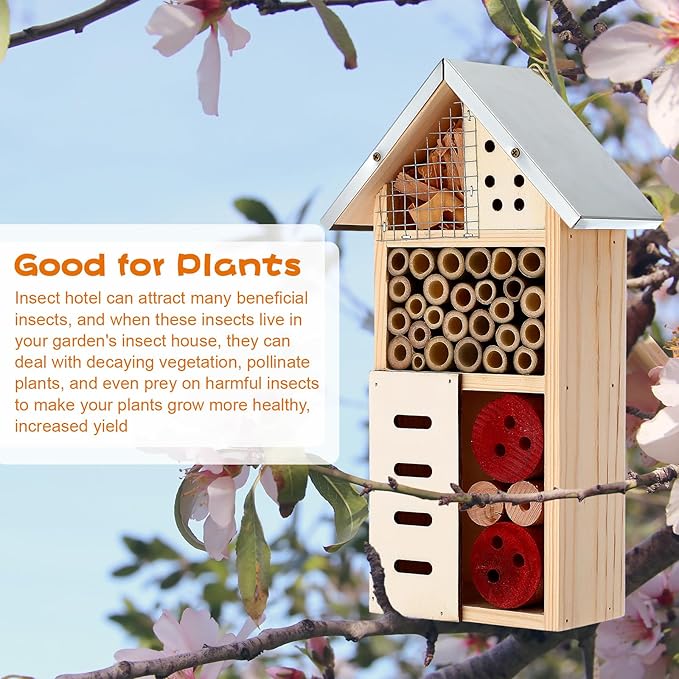 Maitys 3 Pcs Wooden Mason Insect Bee Hotel Butterfly House Natural Ladybug House Bug Hotel for Garden Outdoor Butterfly Ladybugs Live Bee Box Attracts Pollinators, 10 x 5.5 x 2.5 Inch