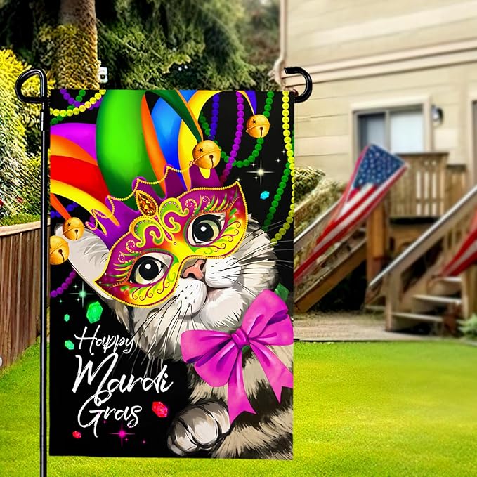 Happy Mardi Gras Garden Flag Masquerade Mask Cat Yard Flags Spring New Orleans Carnival Festival Masquerade Celebration Season Holiday Party Yard Decoration for Outside 12x18 Double Sided