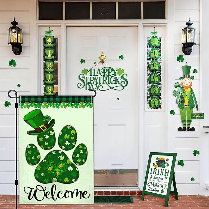 St Patricks Day Garden Flag Shamrock Lucky Irish Blessing Garden Flag Happy St Patrick's Day Yard Decor Garden Flags for Outside 12×18 Inch Double Sided Outdoor House Holiday Decorations