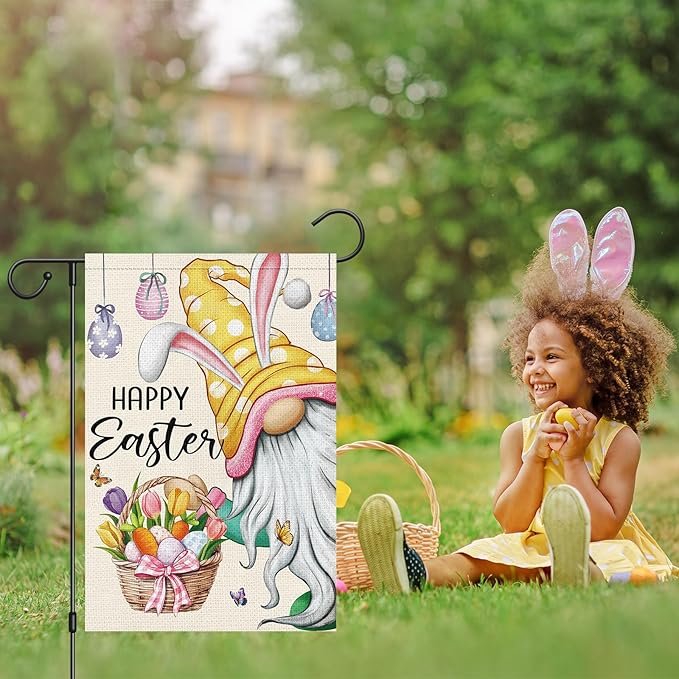 Heyfibro Happy Easter Gnome with Rabbit Ears Garden Flag 12x18 Double Sided Burlap, Funny Bunny Floral Small Yard Flag Easter Egg Banner for Easter Holiday Farmhouse Yard Outdoor Decor(ONLY FLAG)