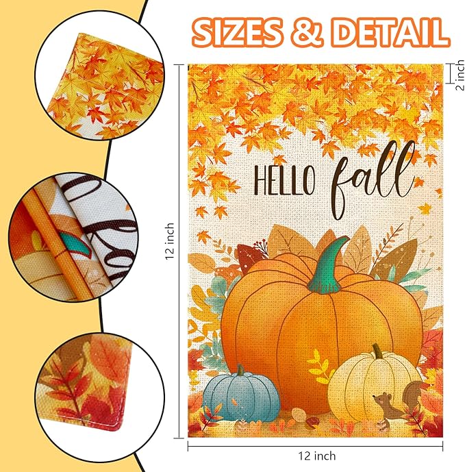 Hello Fall Pumpkin Leaf Garden Flag 12x18 Inch, Double Sided Autumn Thanksgiving Holiday Burlap Yard Flag for Outdoor Decoration