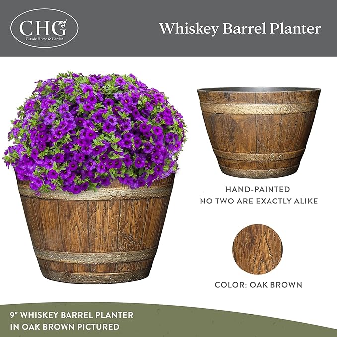 Classic Home and Garden Whiskey Plastic Resin Flower Pot Barrel Planter, Walnut Brown, 20.5" (Pack of 3)