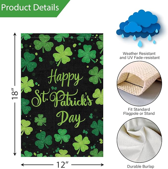 Louise Maelys Happy St Patrick's Day Garden Flag Clover Shamrock Welcome 12x18 Inch Double Sided Small Burlap Spring Holiday Yard Outdoor Outside House Decor