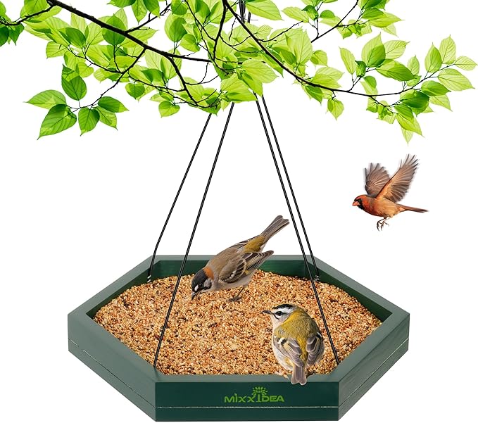 MIXXIDEA Platform Bird Feeder Tray, Hanging Bird Feeders for Outdoors, Wooden Seed Tray Mesh Seed Platform for Garden Yard Outside Decoration Attracting for Wild Birds (2)