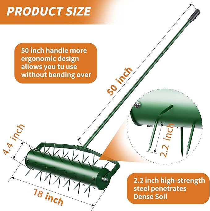 18” Lawn Aerator, Heavy-Duty Manual Lawn Aerator Tool with 50” Metal Handle for Lawn Care, Grass Aerator Lawn Aeration Machine for Garden, Yard, Cropland to Loose Soil