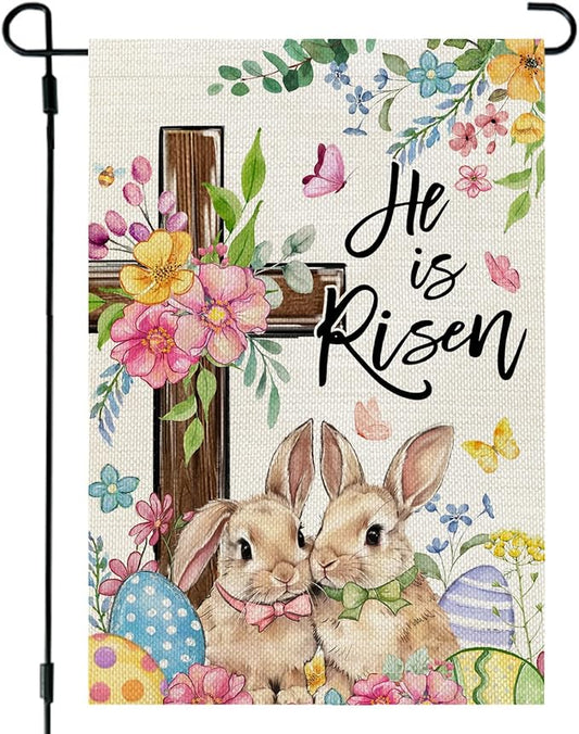 CROWNED BEAUTY Easter Garden Flag He is Risen Cross Bunnies 12x18 Inch Double Sided Floral Holiday Decoration for Outdoor Lawn Yard