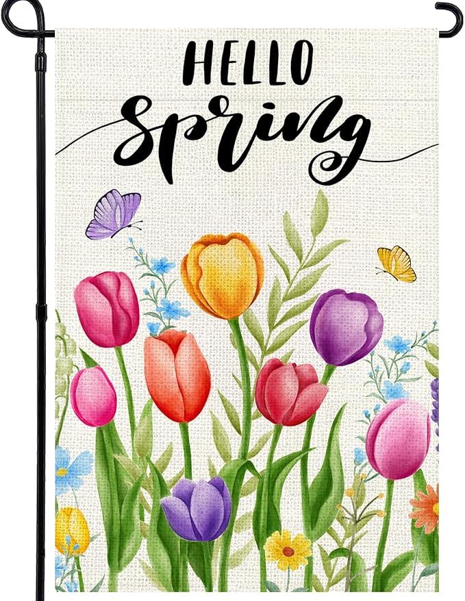 Hello Spring Garden Flag 12x18 Inch, Double Sided Colorful Tulips Flag, Seasonal Flower Yard Outdoor Decoration
