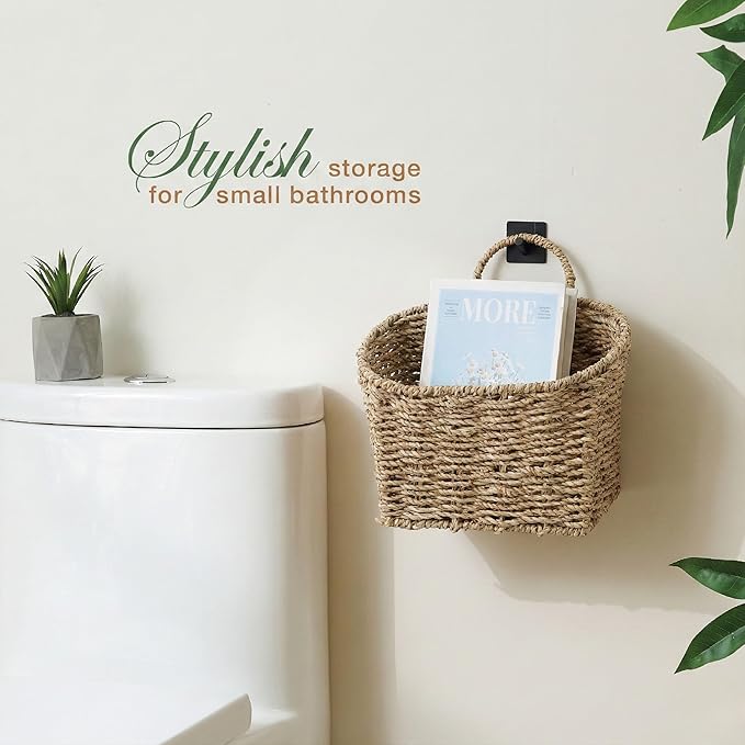 Set of 2 Wicker Hanging Basket for Organizing, Front Door, Mail, Flowers - Woven Wall Baskets for Storage (Seagrass)