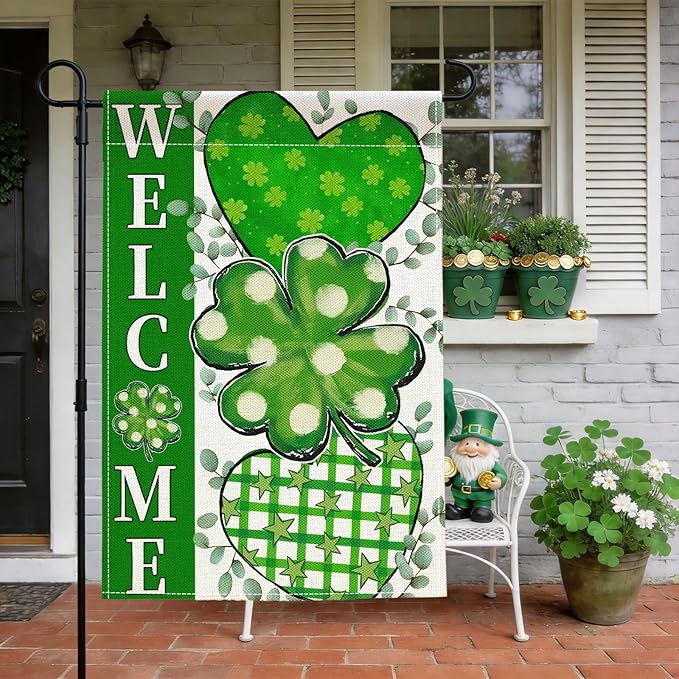 St. Patrick's Day Garden Flag 12x18 Inch Double Sided for Outside Green Clover Heart Small Burlap welcome Holiday Outdoor Lawn Farm House Yard Flag Decor