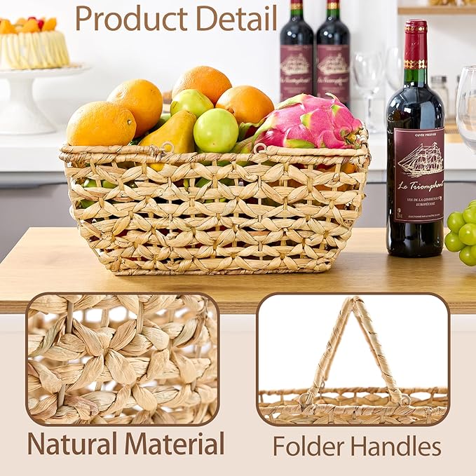 Wicker Picnic Basket with Handles, Wicker Baskets with Wooden Base for Picnic, Camping & Storage Basket