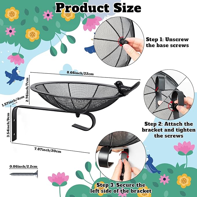 Metal Tray Bird Feeder - Spring Heavy Duty Mesh Seed Tray for Wild Birds Hummingbird, Wall Tree Fence Table Mountable Platform Feeder with Hanging Hook in Deck Balcony Garden Backyard