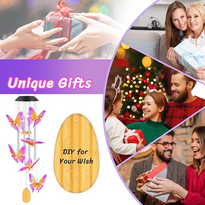 Womens Gifts for Christmas Wind Chimes Gift for Mom Birthday Gifts for Women Mom Butterfly Wind Chimes for Outside Gift for Grandma Solar Lights Garden Outdoor House Patio Décor