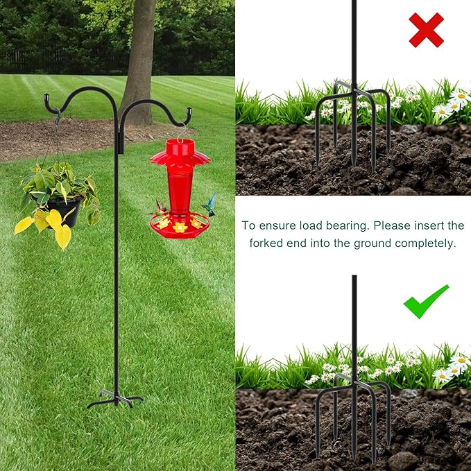 Gtongoko Double Shepherds Hook for Outdoor, 92 Inch Bird Feeder Pole with 5 Prongs Base, 5/8 Inch Thick Heavy Duty Adjustable Garden Hook for Hanging Plant, Lantern, Hummingbird Feeder, 1 Pack