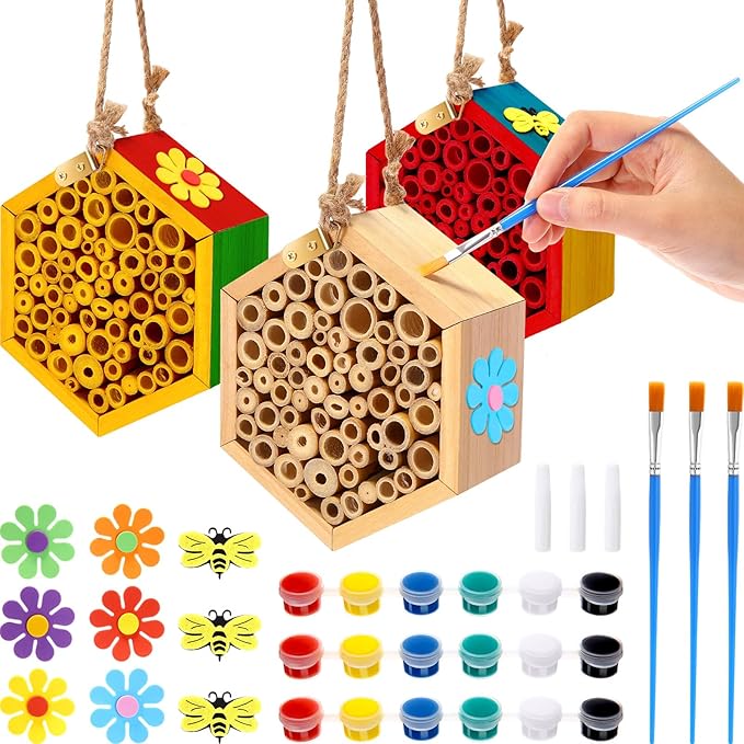 Leinuosen Mason Bee House for The Garden with DIY Painting Kits and 3 Felt Bee 6 Felt Flower Natural Handmade Wooden Box with Bamboo Tubes for Pollinators to Enhance Your Garden's Productivity