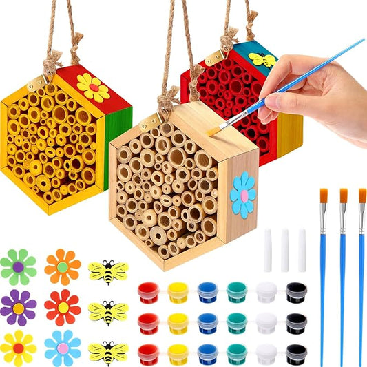 Leinuosen Mason Bee House for The Garden with DIY Painting Kits and 3 Felt Bee 6 Felt Flower Natural Handmade Wooden Box with Bamboo Tubes for Pollinators to Enhance Your Garden's Productivity