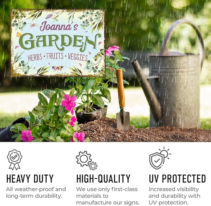 Custom Garden Sign, Present, Personalized Name for Vegetable Patch and Backyard Décor Sign, 12x18 Inches, Rust Free .063 Aluminum, Fade Resistant, Made in USA by Sigo Signs