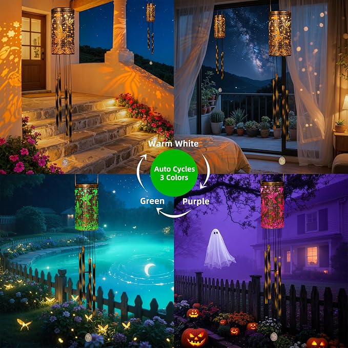 for Women Solar Wind Chimes Hummingbird Outside Lights Hanging Decor Outdoor Sympathy Wind Chimes for Garden Patio (1 Light with 3 Colors Cycle - Hummingbird)