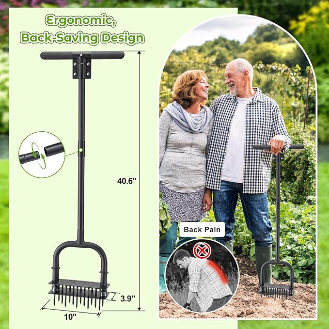 Aerator Lawn Tool: Sharp 14 Iron Spikes, Automatic Dirt Leaf Cleaning, Manual Lawn Aerators with Ergonomic T-Handle for lawn Yard Garden Patio Soil Loosening Grass Aerating