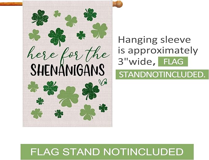 St Patricks Day Flag 28x40 Inch Double Sided Outside, Here For The Shenanigans Shamrocks Clovers Burlap Flag Decorations Outdoor Yard Decor