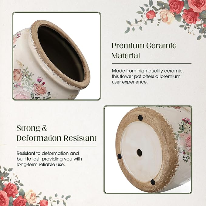 2 Pcs 7.7" & 5.9" Large Ceramic Plant Pot Beige Pink Rustic Rose Crackle Glaze Rustic Flowers Pot Decorative Planter with Drainage for Indoor Outdoor Plants Home Kitchen Office Decor Gift