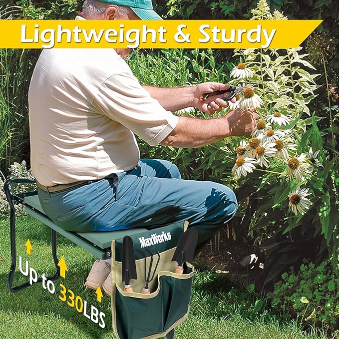 MaxWorks 51033 Folding Garden Kneeler Stool with 8 inch Wide Kneeling Pad, with 1 Tools Pouch for Planting and Gardening