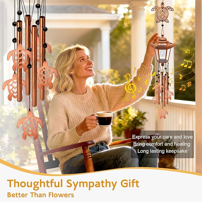 Large Solar Turtle Wind Chimes with Wind Catcher/Solar Decor Light to Create a Zen Atmosphere Suitable for Outdoor, Garden, Patio Decor Classic Bronze Wind Chimes as A Unique/Memorial Gift for Unisex
