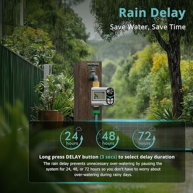 QUOBAS Ball Valve Sprinkler Timer, Programmable Water Timer for Garden Hose Faucet with Brass Ports, Rain Delay/Manual/Automatic Irrigation System, Zero Water Pressure Watering Compatible Rain Barrel