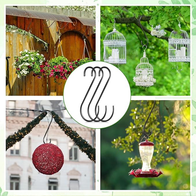 3 Pack 12 Inch Large S Hooks for Hanging Plants, Heavy Duty Black Metal Hangers for Pergola Garage Organization Bird Feeders Closet Rod Vinyl Coated Non Slip Utility Hooks