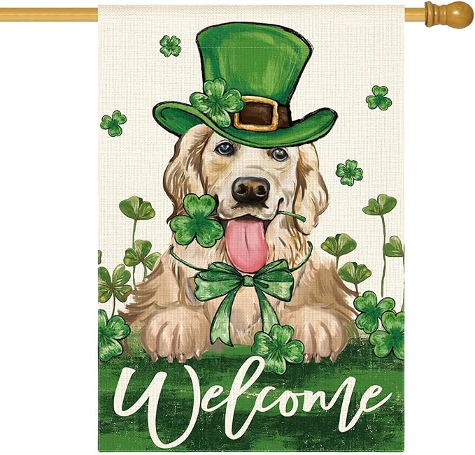 AVOIN colorlife St Patricks Day Green Hat Dog House Flag 28x40 Inch Double Sided, Lucky Shamrock 17 March Welcome Yard Outdoor Flag