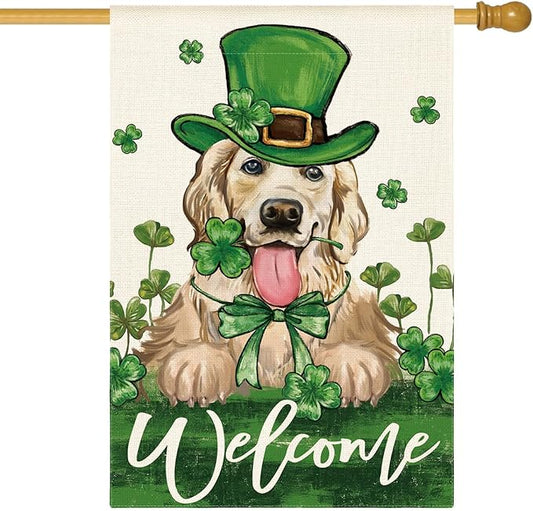 AVOIN colorlife St Patricks Day Green Hat Dog House Flag 28x40 Inch Double Sided, Lucky Shamrock 17 March Welcome Yard Outdoor Flag