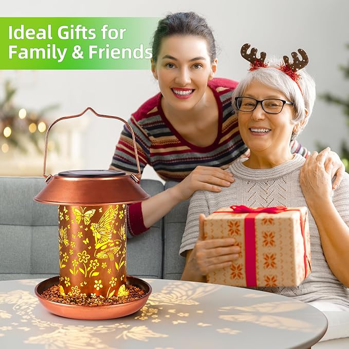 Solar Bird Feeders for Outdoors Hanging Metal Waterproof Outdoor Butterfly Lantern Bird Feeder Weather Resistant Gifts for Women Friends Lovers, Patio, Deck, Garden Christmas Decor