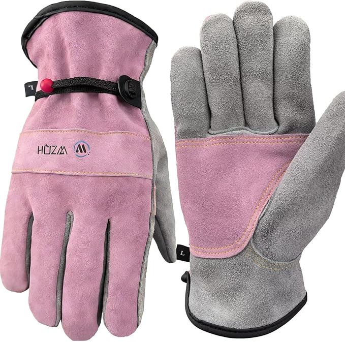 Leather Work Gloves for Men or Women. Medium Glove for Gardening, Tig/Mig Welding, Construction, Chainsaw, Farm, Ranch, etc. Cowhide, Cotton Lined, Utility, Firm Grip, Durable. Pink-Grey M